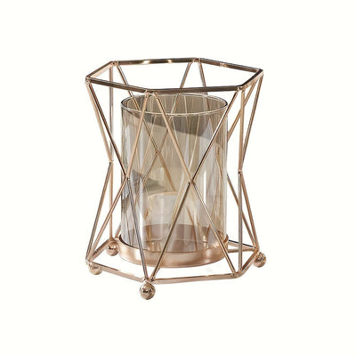 1 pieza de Jarrón Metálico Dorado y Plástico Transparente ZZBZZ - Decoración Elegante Moderna para Sala de Estar, Centro de Mesa de Comedor, Portavelas, Sin Batería, Ambientador Romántico | Diseño Lujoso | Acabado Electrolítico