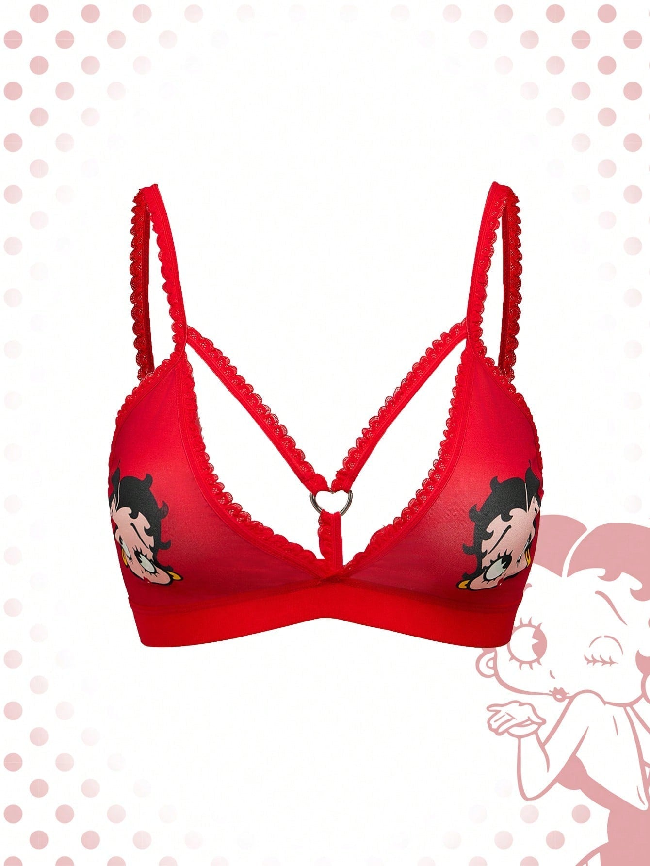 Betty boop | romwe 1 pieza sujetador acolchado inalambrico con decoracion de personaje de dibujos animados y estampado de labios con forma de corazon