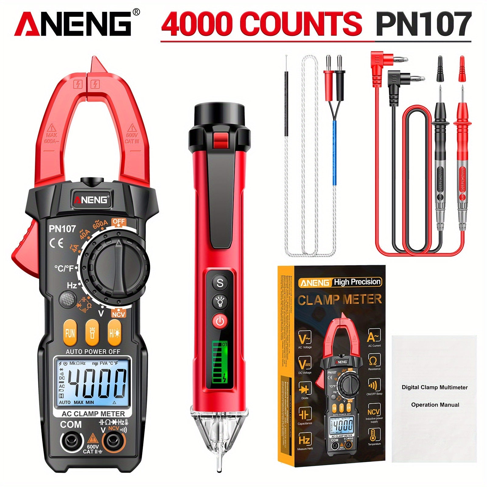 Medidor de pinza digital ANENG PN107+VC1010, probador de voltaje de amperios AC 600A, amperímetro con detección NCV, medición de frecuencia de temperatura y diodo - Batería no incluida
