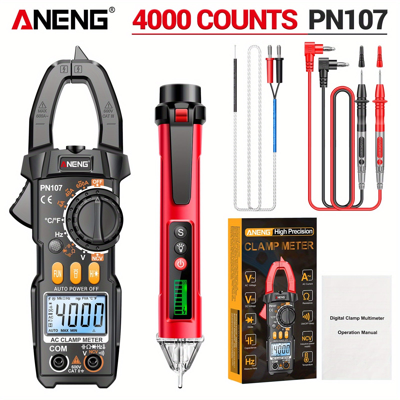 Medidor de pinza digital ANENG PN107+VC1010, probador de voltaje de amperios AC 600A, amperímetro con detección NCV, medición de frecuencia de temperatura y diodo - Batería no incluida