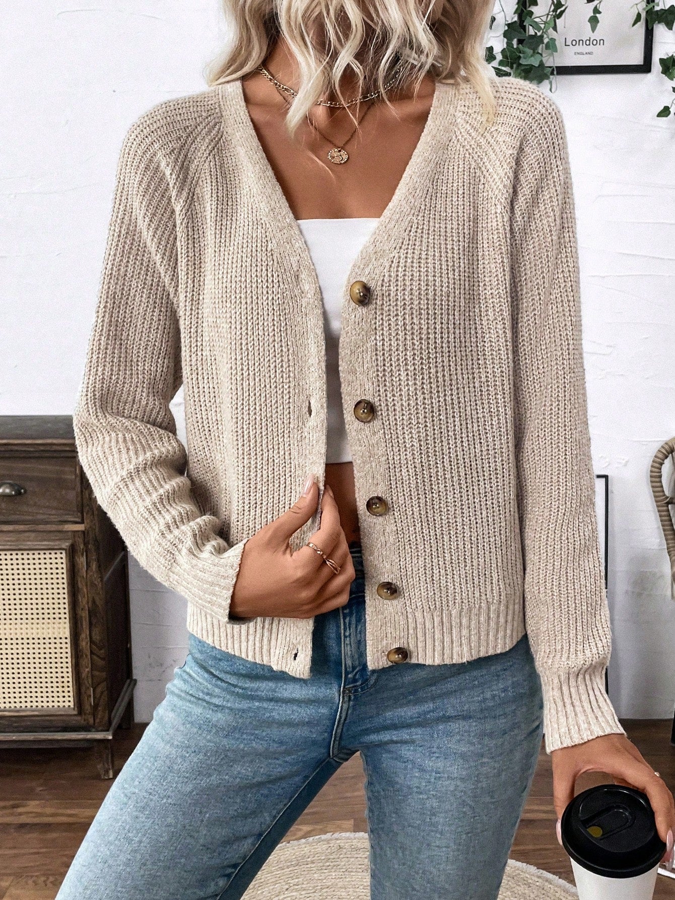 Lune chaqueta de punto de manga larga casual con cuello en v y manga raglan para mujer, con diseno minimalista y ajuste holgado para otono/invierno