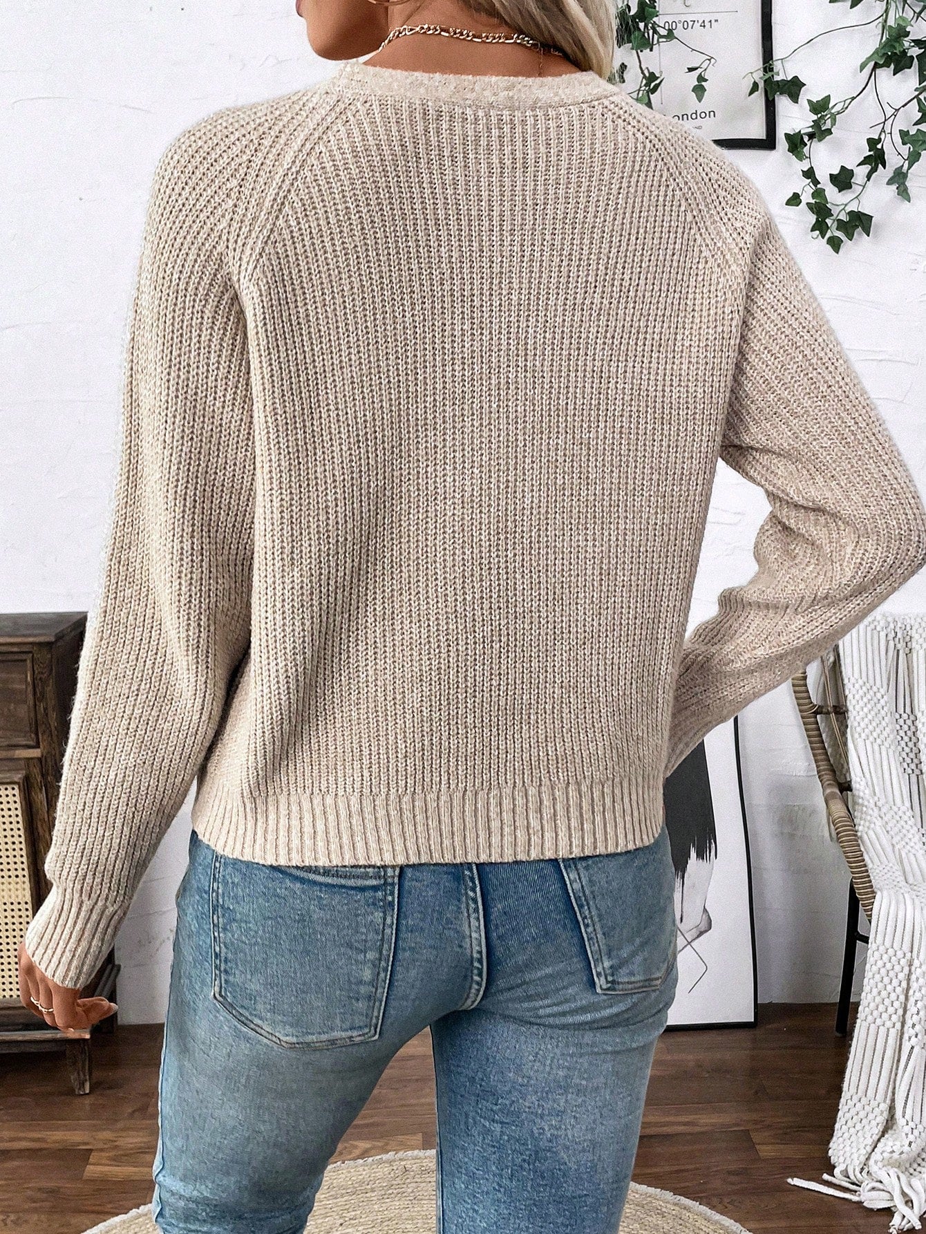 Lune chaqueta de punto de manga larga casual con cuello en v y manga raglan para mujer, con diseno minimalista y ajuste holgado para otono/invierno