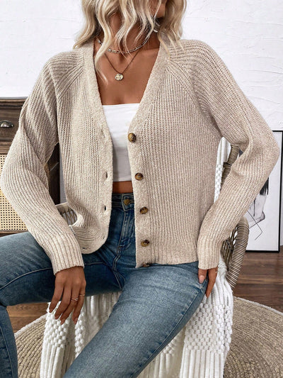 Lune chaqueta de punto de manga larga casual con cuello en v y manga raglan para mujer, con diseno minimalista y ajuste holgado para otono/invierno