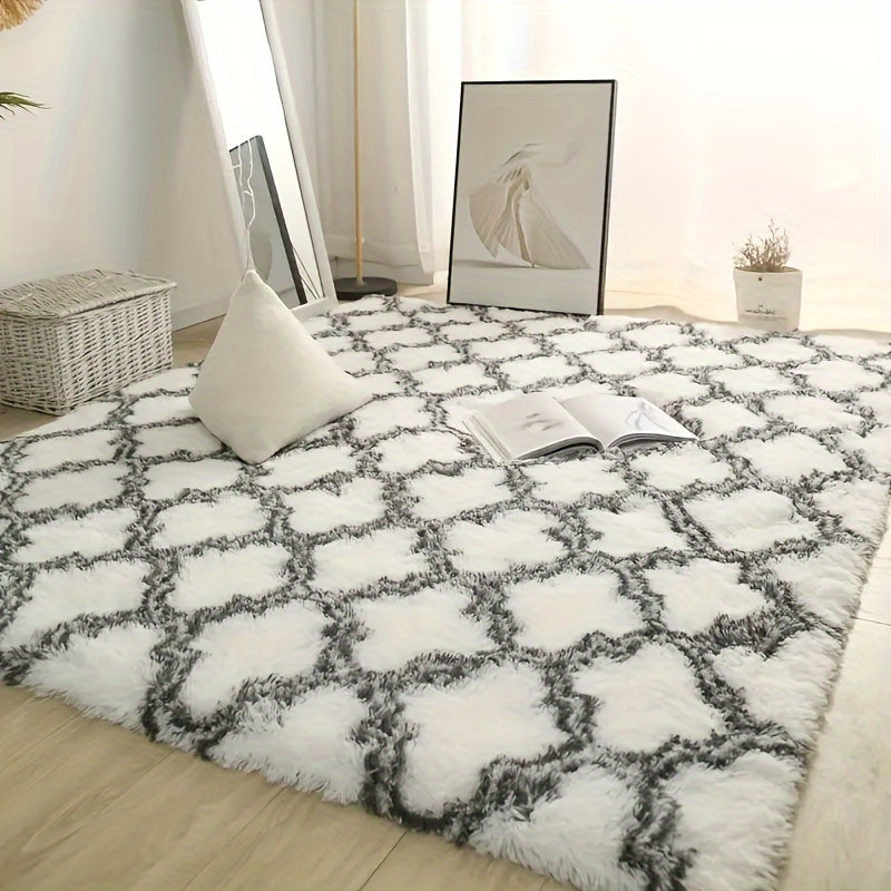Alfombra de felpa gruesa, 1 pieza, diseño geométrico en gris y blanco, antideslizante, grande para sala, dormitorio o entrada, suave y esponjosa de poliéster con diseño de cuadrícula moderna, alfombra para sala