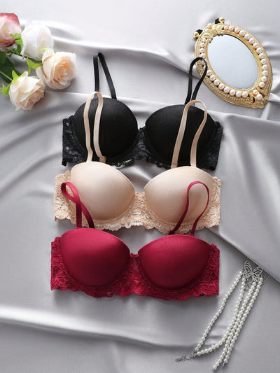 Underwear&sleepwear basics juego de lenceria de 3 piezas/set de sujetador de contraste de encaje de unicolor para mujer