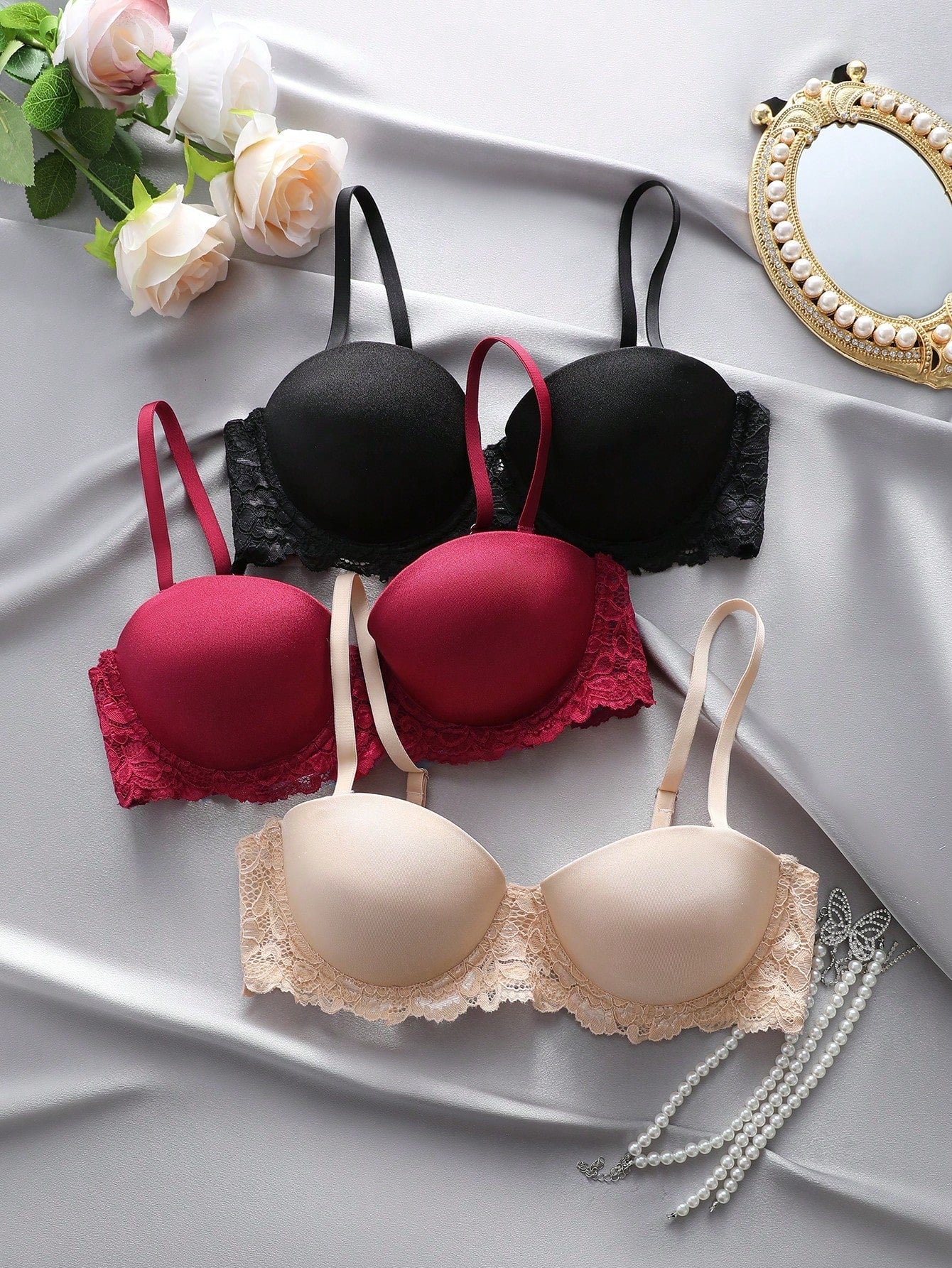 Underwear&sleepwear basics juego de lenceria de 3 piezas/set de sujetador de contraste de encaje de unicolor para mujer