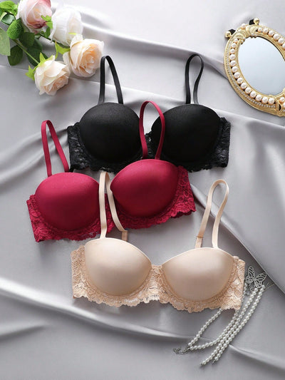 Underwear&sleepwear basics juego de lenceria de 3 piezas/set de sujetador de contraste de encaje de unicolor para mujer