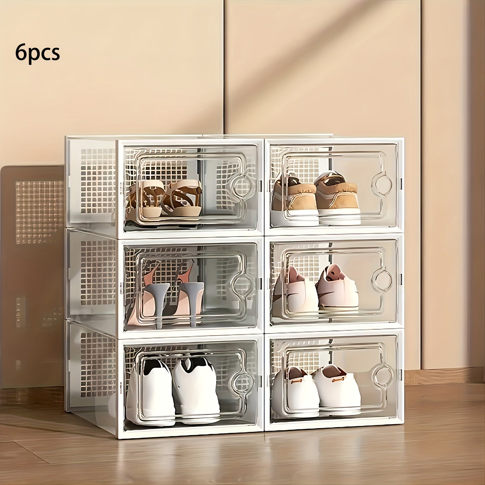 12/6 Piezas, Cajas De Almacenamiento De Zapatos, Plástico De Color Negro Transparente XL, Gabinetes De Organizador De Zapatos Cuadrados Con Tapas, Impermeables, Multi-Propósito, Diseño De Tapa Abatible, Cajones De Almacenamiento De Hogar Y Cocina