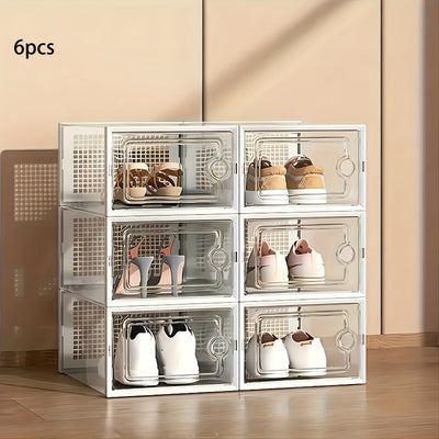 12/6 Piezas, Cajas De Almacenamiento De Zapatos, Plástico De Color Negro Transparente XL, Gabinetes De Organizador De Zapatos Cuadrados Con Tapas, Impermeables, Multi-Propósito, Diseño De Tapa Abatible, Cajones De Almacenamiento De Hogar Y Cocina