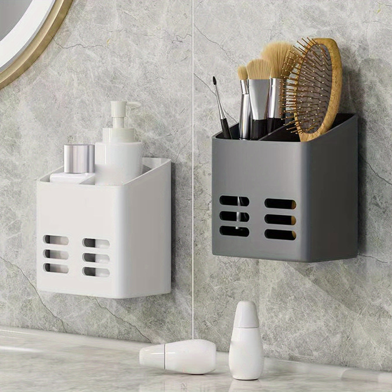 1 pieza, Organizador de almacenamiento de pared, estante multifuncional que no requiere taladro, con cesta de drenaje, para cosméticos de baño, con soporte para cepillo de dientes y peine, soporte para afeitadora, esenciales para cocina y baño, accesorio