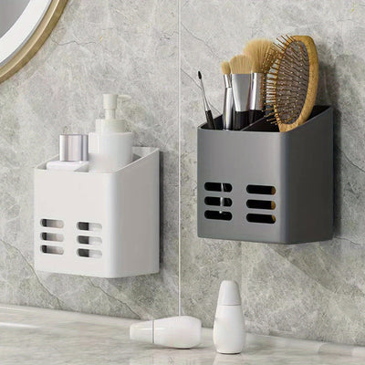 1 pieza, Organizador de almacenamiento de pared, estante multifuncional que no requiere taladro, con cesta de drenaje, para cosméticos de baño, con soporte para cepillo de dientes y peine, soporte para afeitadora, esenciales para cocina y baño, accesorio