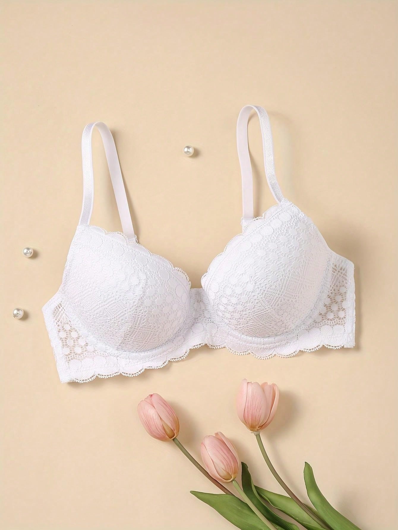 Sujetador comodo y sexy de encaje con volantes y efecto push-up para mujer, ropa interior