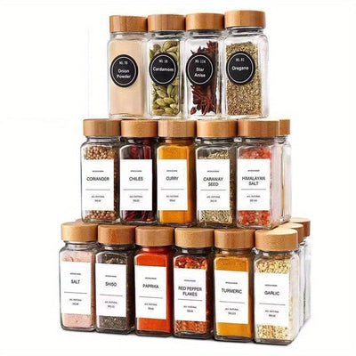 Juego de 12/6 Tarros de Vidrio Cuadrados para Especias con Tapas de Madera, Contenedores de Vidrio Resistente a la Róstica con Tapas Roscadas, Botellas de Condimentos con Patrón para Organización de Cocina