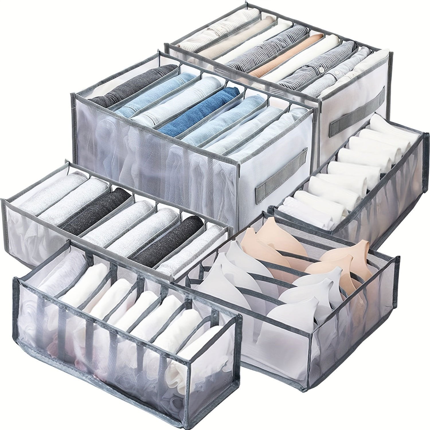 6 piezas de organizadores de armario de tela premium - Organizadores de cajón plegables con asas y diseño de malla transparente, sistema de almacenamiento para closet que ahorra espacio, para camisas, jeans, brasieres, ropa interior, calcetines - Ligero,
