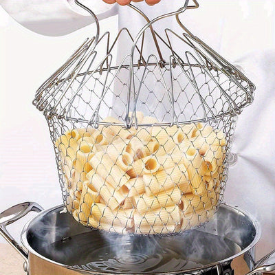 Cesta de freír plegable de acero inoxidable, colador de malla multifunción para cocina para freír y exhibir frutas - Accesorios de cocina duraderos, paquete de 1