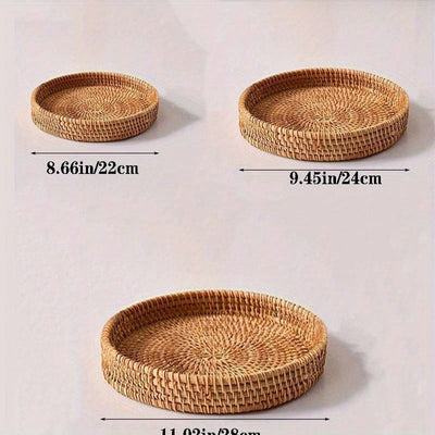 1pc Bandeja de Servir de Ratán Tejido Redonda - Plato Decorativo Elegante para Frutas, Pasteles y Pan, Estilo Natural para Cocina y Comedor, Exhibición de Frutas | Accesorio Acogedor para Comedor | Material de Ratán Tejido, Bandeja Decorativa para Comida