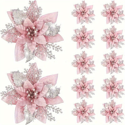 36 Piezas de Flores Artificiales Poinsettia Rosa Brillante con Capas Luminosas - Sin Necesidad de Electricidad/Baterías, Decoración Elegante para Árboles Navideños, Coronas y Guirnaldas - Construcción Duradera en Plástico, Ideal para Interiores/Exteriore