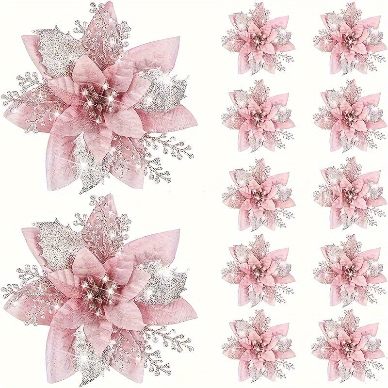 36 Piezas de Flores Artificiales Poinsettia Rosa Brillante con Capas Luminosas - Sin Necesidad de Electricidad/Baterías, Decoración Elegante para Árboles Navideños, Coronas y Guirnaldas - Construcción Duradera en Plástico, Ideal para Interiores/Exteriore