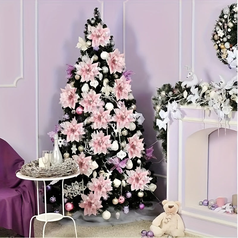 36 Piezas de Flores Artificiales Poinsettia Rosa Brillante con Capas Luminosas - Sin Necesidad de Electricidad/Baterías, Decoración Elegante para Árboles Navideños, Coronas y Guirnaldas - Construcción Duradera en Plástico, Ideal para Interiores/Exteriore