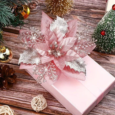 36 Piezas de Flores Artificiales Poinsettia Rosa Brillante con Capas Luminosas - Sin Necesidad de Electricidad/Baterías, Decoración Elegante para Árboles Navideños, Coronas y Guirnaldas - Construcción Duradera en Plástico, Ideal para Interiores/Exteriore