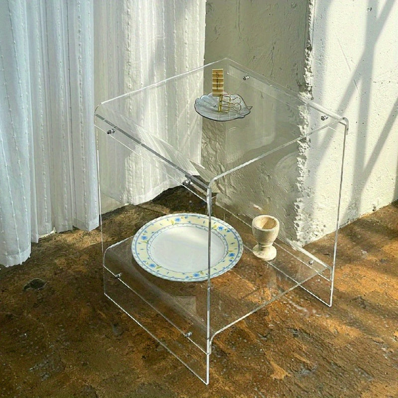 Mesa lateral moderna de acrílico con almacenamiento - Mesa de fin de minimalista transparente para sala de estar, dormitorio, oficina y espacios pequeños, mesa pequeña duradera y elegante, mesa lateral para sala de estar.