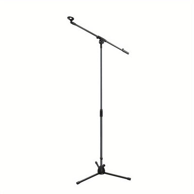 Soporte de Micrófono Tripé Ajustable con Brazo Largo - Agarre Seguro para Cantar, Karaoke, Escenario y Eventos al Aire Libre - Metal Plateado/Negro