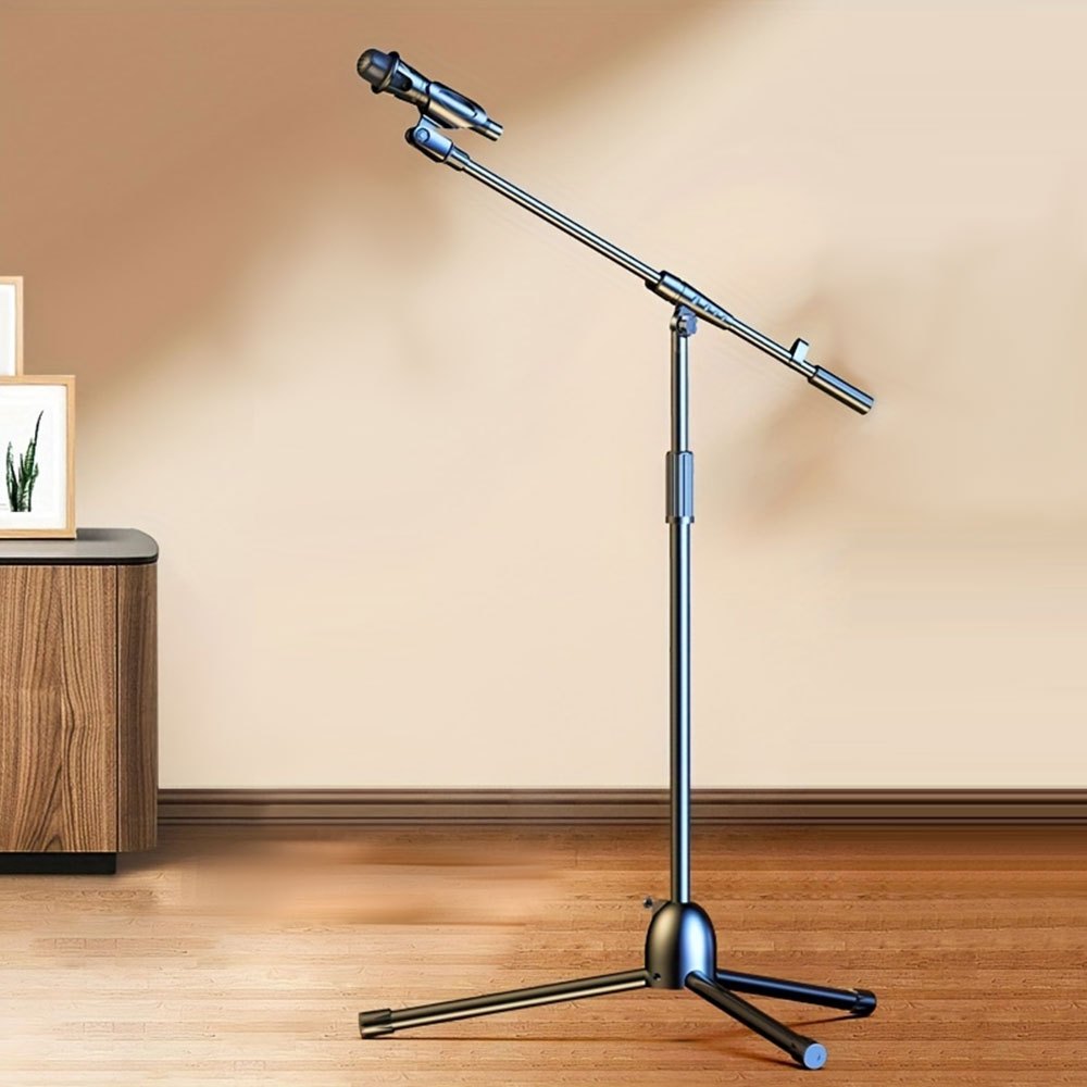 Soporte de Micrófono Tripé Ajustable con Brazo Largo - Agarre Seguro para Cantar, Karaoke, Escenario y Eventos al Aire Libre - Metal Plateado/Negro