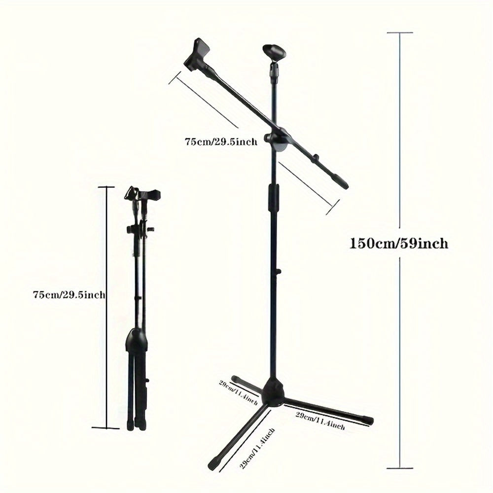Soporte de Micrófono Tripé Ajustable con Brazo Largo - Agarre Seguro para Cantar, Karaoke, Escenario y Eventos al Aire Libre - Metal Plateado/Negro
