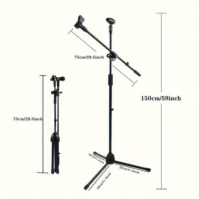 Soporte de Micrófono Tripé Ajustable con Brazo Largo - Agarre Seguro para Cantar, Karaoke, Escenario y Eventos al Aire Libre - Metal Plateado/Negro
