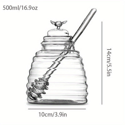 Tarro de Miel de Vidrio con Cucharón, 1pc 500Ml – Tarro de Miel Resistente al Calor y Duradero con Embalaje de Perlas para un Tránsito Seguro, Ideal para Jarabe, Almacenamiento de Azúcar y Uso en la Cocina