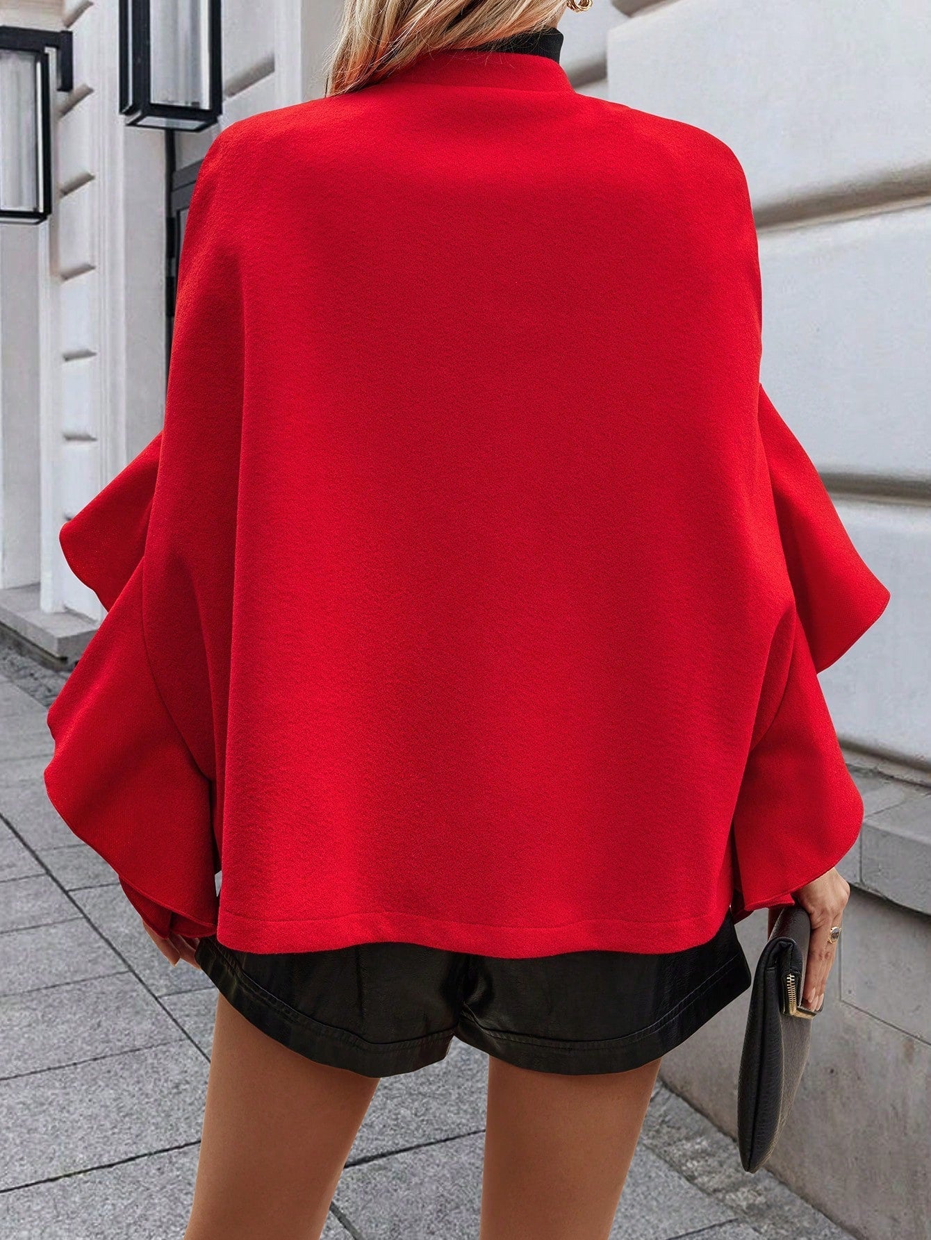 Clasi chaqueta de lana elegante con volantes y parches de un solo abotonado de unicolor para mujer, para otono/invierno