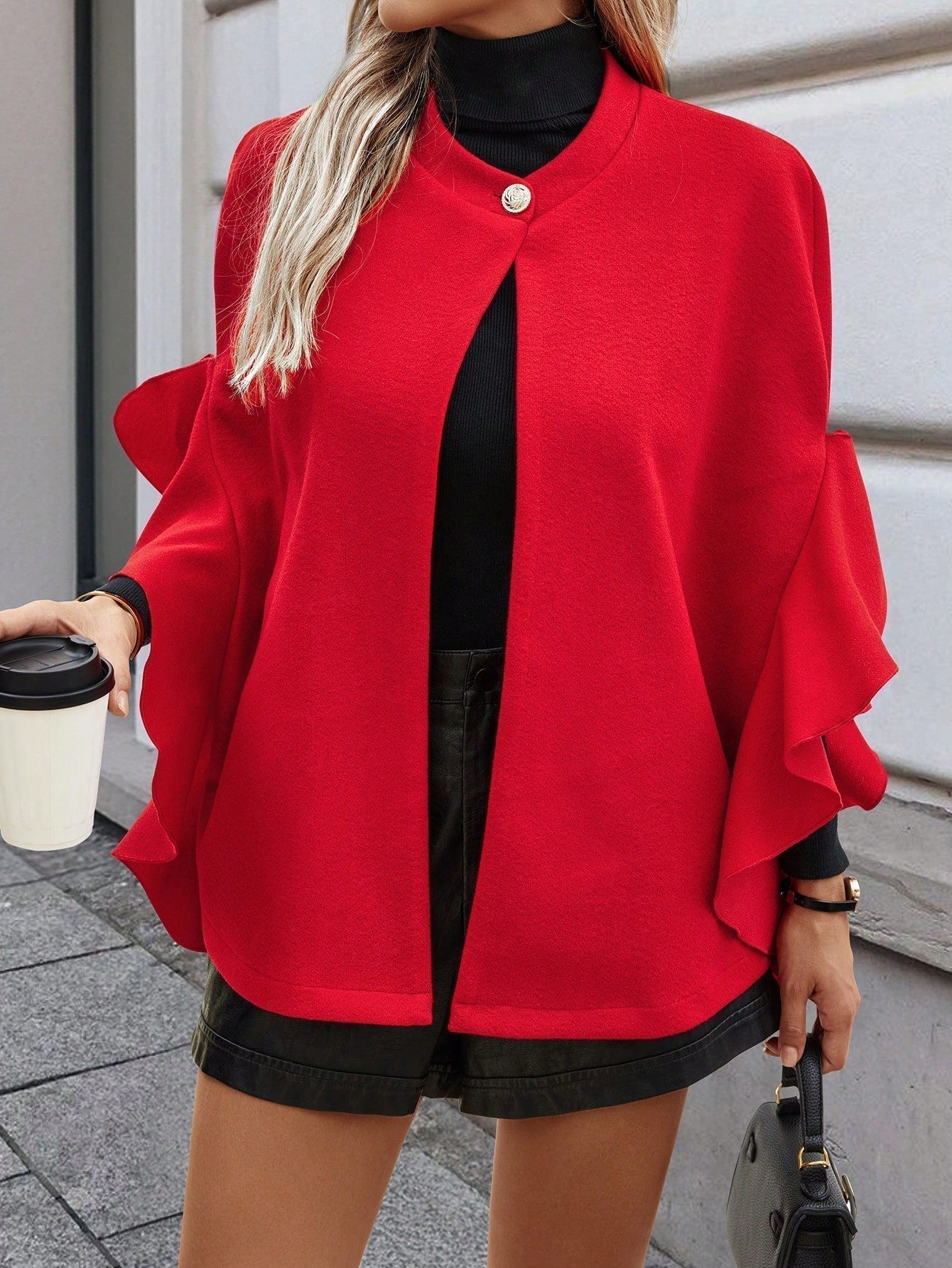 Clasi chaqueta de lana elegante con volantes y parches de un solo abotonado de unicolor para mujer, para otono/invierno