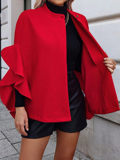 Clasi chaqueta de lana elegante con volantes y parches de un solo abotonado de unicolor para mujer, para otono/invierno