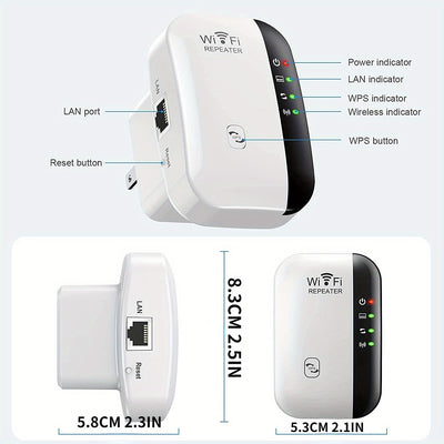 Repetidor WiFi de alta velocidad 300 Mbps, amplificador de señal inalámbrica de largo alcance, compatible con 802.11N, configuración fácil con botón WPS, enchufe estadounidense, uso en interiores y exteriores, diseño en blanco y negro, extensión de WiFi