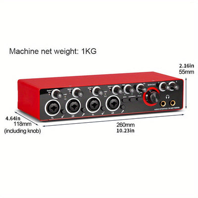 Interfaz de Grabación de 4 Canales 192kHz/24-bit con Micrófono de Grado Profesional - Ideal para Producción Musical y Grabación, Alimentado por USB, Compatible con PC, Rojo/Negro