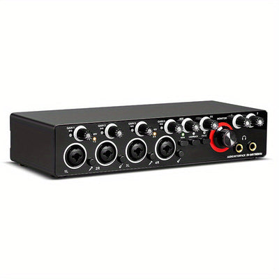Interfaz de Grabación de 4 Canales 192kHz/24-bit con Micrófono de Grado Profesional - Ideal para Producción Musical y Grabación, Alimentado por USB, Compatible con PC, Rojo/Negro