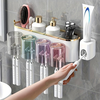 1 pieza Soporte de cepillo de dientes multifuncional montado en pared con 4 tazas - Organizador de baño para pasta de dientes, cepillos y accesorios - Estante de almacenamiento ahorrador de espacio para uso en el hogar - Material duradero, inodoro