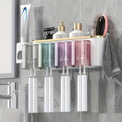 1 pieza Soporte de cepillo de dientes multifuncional montado en pared con 4 tazas - Organizador de baño para pasta de dientes, cepillos y accesorios - Estante de almacenamiento ahorrador de espacio para uso en el hogar - Material duradero, inodoro