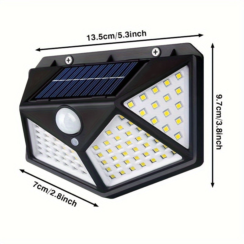 1 pieza de 100 luces solares para pared con sensor de movimiento, encendido automático para exteriores, iluminación de 4 lados para valla de jardín, iluminación de sendero de varios modos