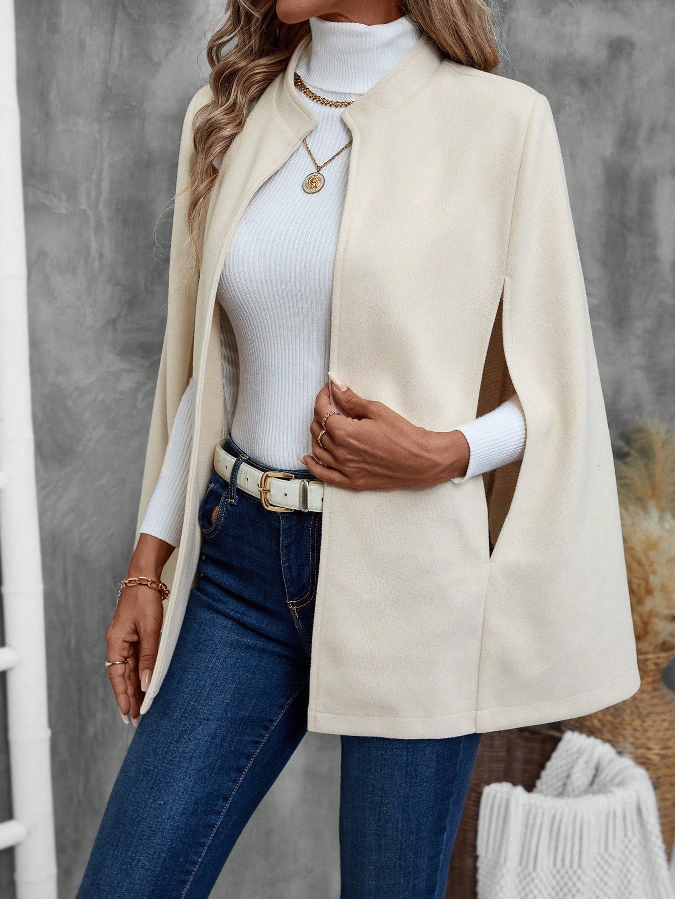 Emery rose abrigo de lana con estilo de capa elegante de unicolor para dama, para otono/invierno