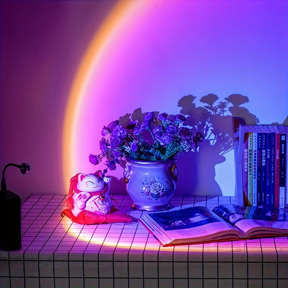 1 lámpara de proyección de puesta de sol alimentada por USB, giratoria de 360° con luces LED de arcoíris y opciones de colores múltiples para dormitorio, fotografía y decoración del hogar, sin batería necesaria, iluminación para decoración del hogar | Pa