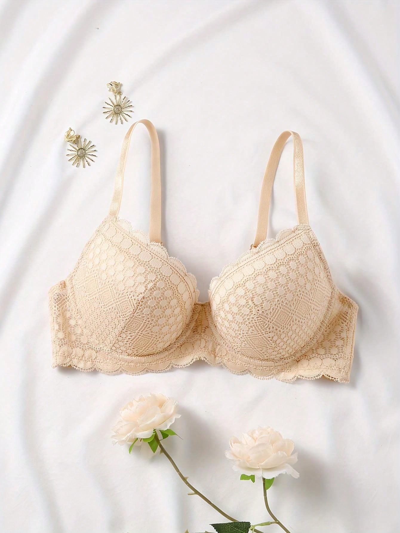 Sujetador comodo y sexy de encaje con volantes y efecto push-up para mujer, ropa interior