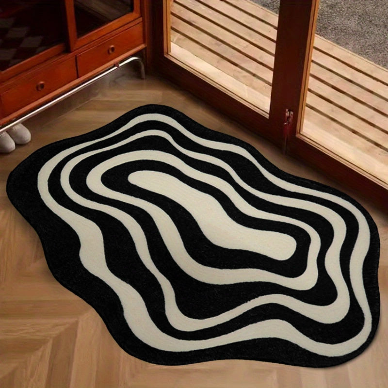 Alfombra de Área Moderna con Patrón Abstracto de Ondas en Blanco y Negro – Suave, Acogedora, Lavable a Mano, de Poliéster para Decoración de Salón o Dormitorio, 1100g/m², 7.5mm de Grosor, Diseño Minimalista, Alfombra Interior | Alfombra Minimalista | Alf