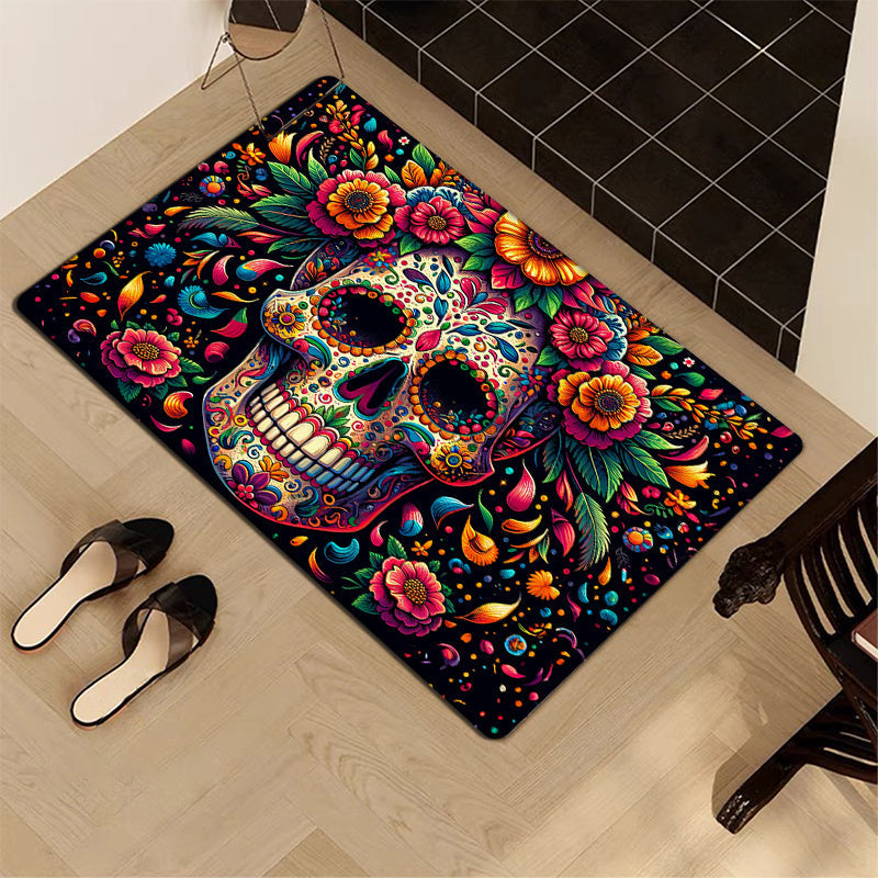 1 pieza de alfombrilla de puerta con diseño de calavera de azúcar - Diseño vibrante del Día de Muertos, antideslizante y lavable en máquina, alfombrilla de suelo de franela cómoda para entrada, cocina, sala de estar, dormitorio, lavandería, decoración de