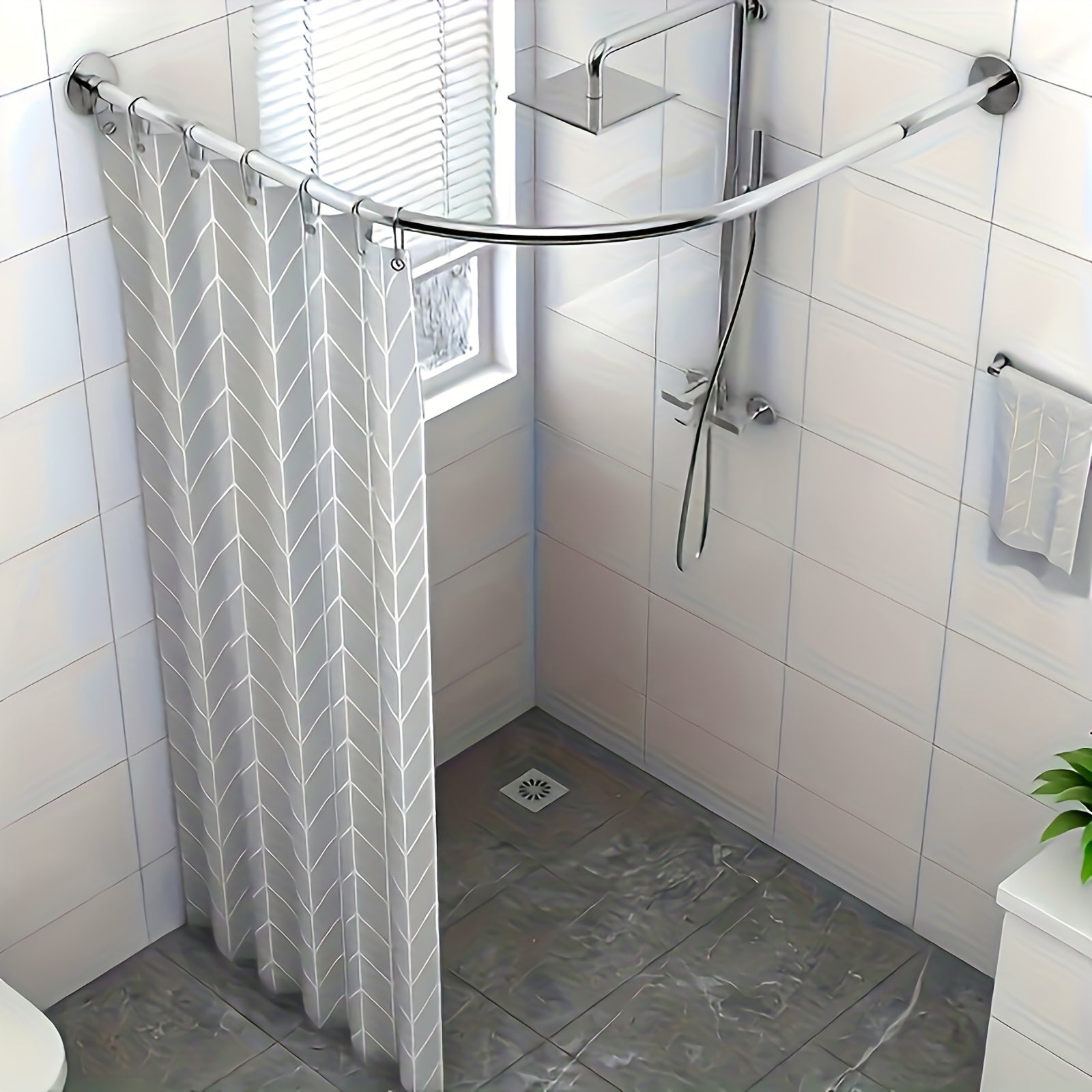 Conjunto de Barra para Cortina de Ducha Ajustable y Curva de 1 pieza, Barra para Cortina de Ducha Retráctil sin Agujeros de Acero Inoxidable, Fuerte y Duradera, Elegante, Fácil Instalación, Adecuada para Decoración de Baño, Suministros para el Hogar, Bar