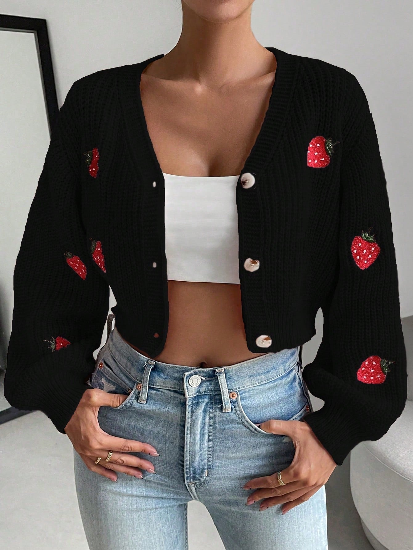 Moosta cardigan holgado de mujer con mangas farol, hombros caidos y bordado de fresa de estilo casual