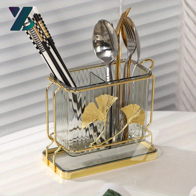 Elegante porta utensilios de cocina rectangular con bandeja de drenaje y diseño de hoja de ginkgo, con dos compartimentos para almacenamiento de utensilios