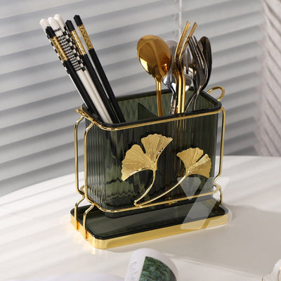 Elegante porta utensilios de cocina rectangular con bandeja de drenaje y diseño de hoja de ginkgo, con dos compartimentos para almacenamiento de utensilios