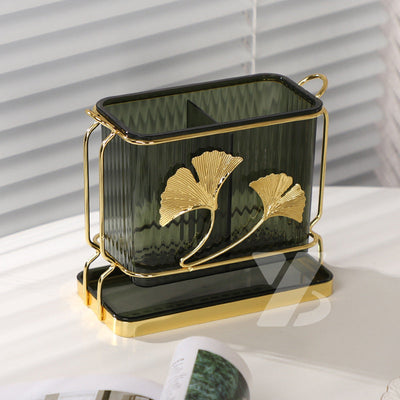 Elegante porta utensilios de cocina rectangular con bandeja de drenaje y diseño de hoja de ginkgo, con dos compartimentos para almacenamiento de utensilios