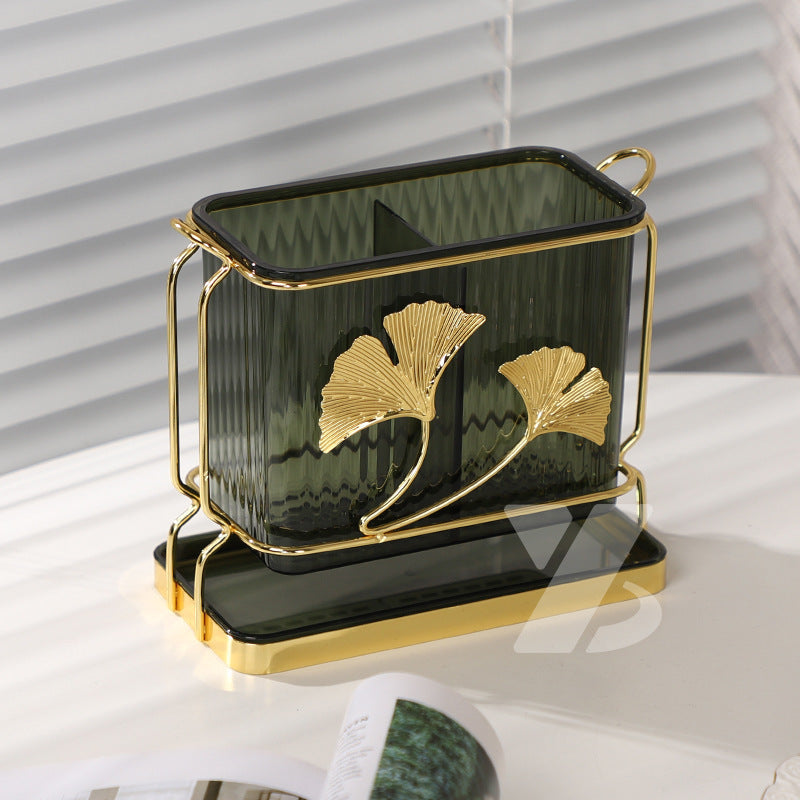 Elegante porta utensilios de cocina rectangular con bandeja de drenaje y diseño de hoja de ginkgo, con dos compartimentos para almacenamiento de utensilios